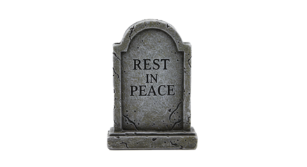 Isolated tombstone with rest in peace inscription on a black background in a studio setting on transparent background