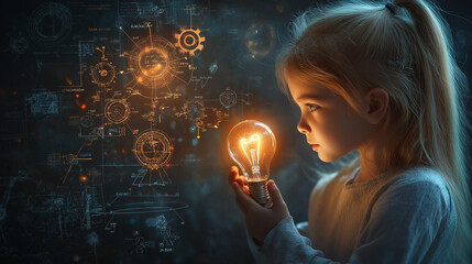 Young girl holding glowing light bulb with gears and science symbols top view representing creativity future education and innovation for international day of women and girls in science