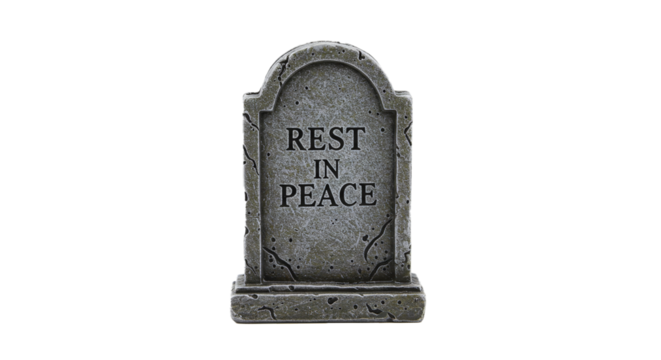 Isolated tombstone with rest in peace inscription on a black background in a studio setting on transparent background