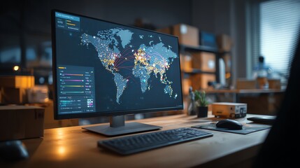 Global logistics tracking system on monitor