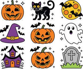 A set of nine cute Halloween cartoon illustrations. Festive icons including a pumpkin, ghost, black cat, and haunted house.