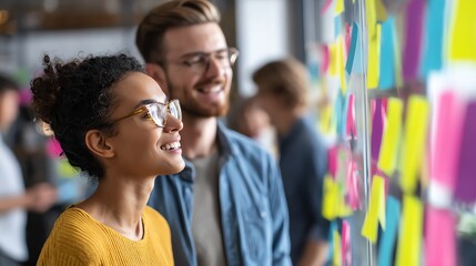 Team discussing SWOT analysis strategy with sticky notes on wall
