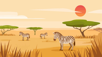 Minimalist Vector SVG Illustration of Zebras in Savannah with Flat Design Style and Warm Color Palette