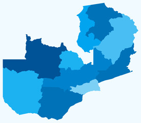 Fototapeta premium Map of Zambia with regions. Just a simple country border map with region division. Light blue color palette. Blank Republic of Zambia shape with administrative division. Vector illustration.