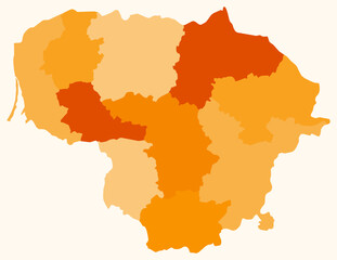 Map of Lithuania with regions. Just a simple country border map with region division. Orange color palette. Blank Lithuania shape with administrative division. Vector illustration.