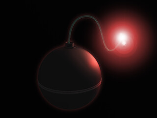 A round bomb with a burning fuse isolated on a black background