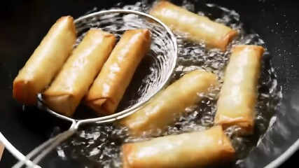Golden Crispy Spring Rolls Deep Fried Cooking Process Delicious Asian Food Recipe Restaurant - Powered by Adobe