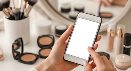 Woman using smartphone app for makeup tutorials beauty tips online shopping cosmetic products mobile technology