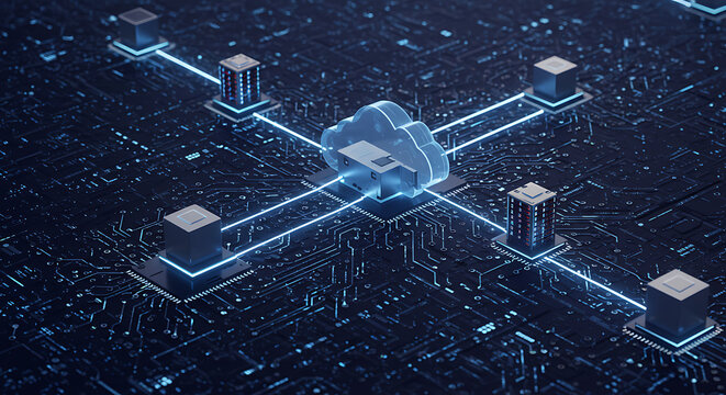 Abstract futuristic digital network with glowing blue connections and central processor