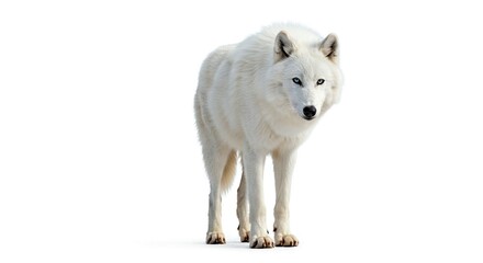 Obraz premium A white wolf with blue eyes stands facing forward against a white background