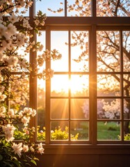 A beautiful view of blooming flowers through a window during golden hour, capturing nature's serene beauty.
