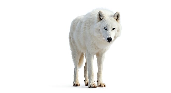 A white wolf with blue eyes stands facing forward against a white background