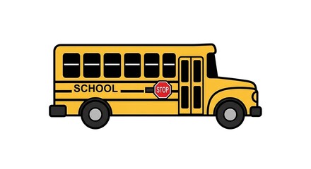 A cartoon yellow school bus with black outline and stop sign on a white background image