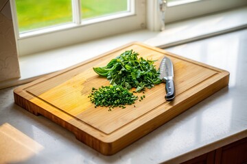 Fresh basil and chives on wooden cutting board by sunny kitchen window