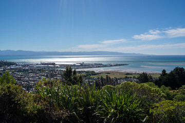 Obraz premium Scenic Coastal Town View with Lush Greenery