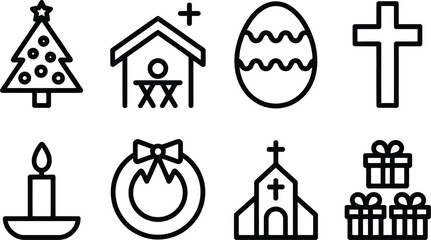 Fototapeta premium Christmas Nativity Religious Icons Set in Outline Style on Transparent Background