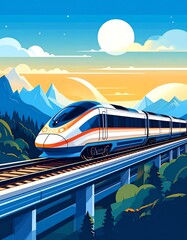 A sleek modern train travels through a picturesque landscape at sunset, showcasing the beauty of travel.