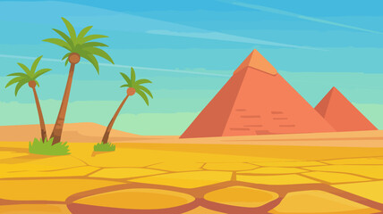 Vector SVG Illustration of Desert Scene with Pyramids and Palm Trees in Modern Flat Style with Bright Colors