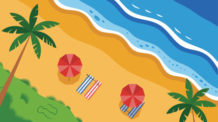 Vector SVG Illustration of Beach Scene with Palm Trees and Umbrellas in Flat Modern Style with Bright Colors
