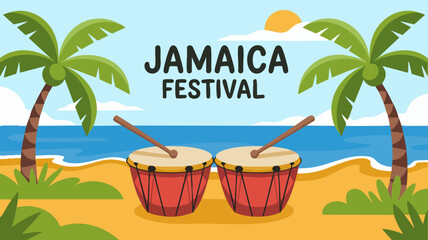 Vector SVG Illustration of Jamaica Festival Scene with Drums Palm Trees Sun Flat Design