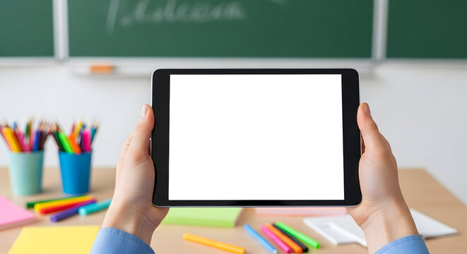 Teacher holding tablet with blank screen in classroom ready for educational apps and online learning resources for students back to school - Powered by Adobe