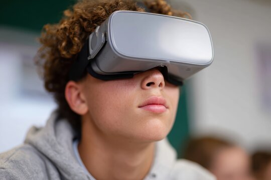 59. Student wearing VR headset experiencing interactive educational content