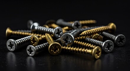 Silver and gold screws are scattered on a dark surface