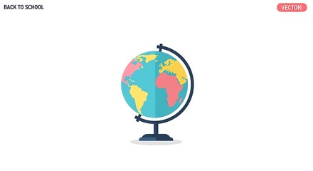 A colorful flat design world globe with a stand on a white background in a vector illustration