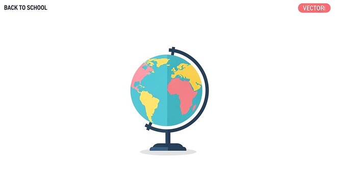 A colorful flat design world globe with a stand on a white background in a vector illustration