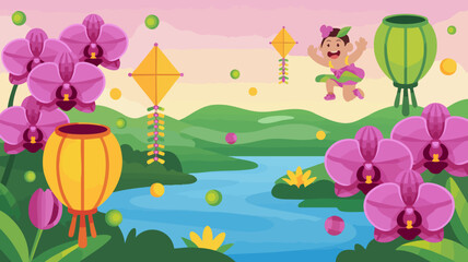 Colorful Illustrative SVG Vector SVG Scene with Floral Elements Lanterns and Child Character in Modern Flat Style