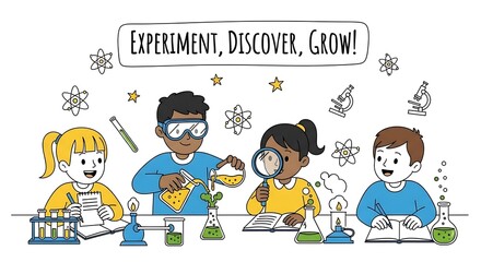 Children conducting science experiments with beakers flasks and microscopes in a cartoon illustration