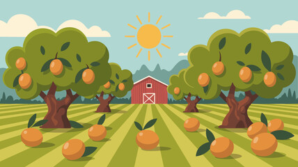 Vector SVG Illustration of Fruit Orchard with Trees and Barn in Modern Flat Style with Bright Colors