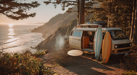 A vintage van is parked by the coastline, featuring surfboards and scenic views at sunset, creating a perfect setting for relaxation.