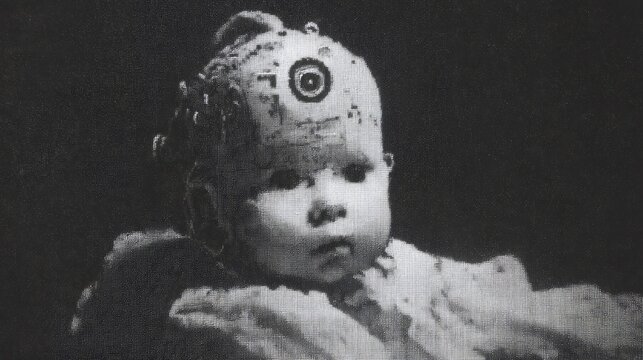 Baby with electrodes on head for brain activity monitoring. Neurotechnology and artificial intelligence research in early development.