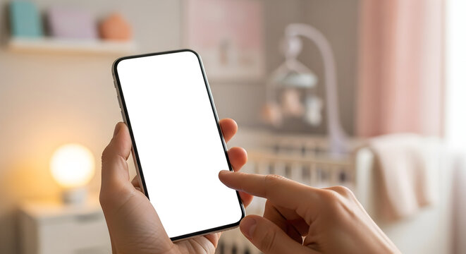 Parent using smartphone in baby nursery blank screen mockup modern parenting technology app childcare