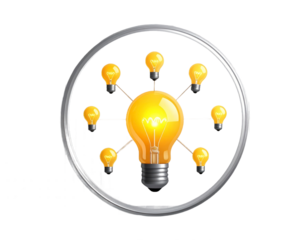 Glowing Light Bulbs Around Central Bulb Connected within Metallic Ring on Transparent Background