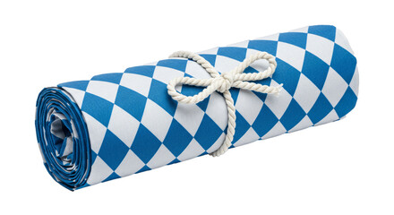 A rolled bavarian flag with a diamond pattern tied with a white rope on a black background studio shot on transparent background