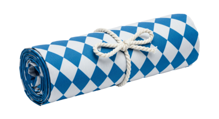 A rolled bavarian flag with a diamond pattern tied with a white rope on a black background studio shot on transparent background
