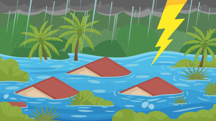 Vector SVG Illustration of Flooded Landscape with Storm Clouds and Lightning in Modern Flat Style with Green Vegetation