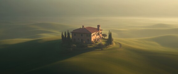Fototapeta premium Tuscan Villa in the Morning Mist: A Serene Landscape