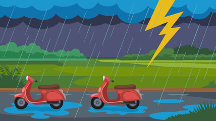 Vector SVG Illustration of Rainstorm with Lightning and Scooters in Flat Modern Style with Bright Colors