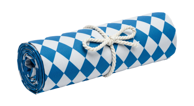 A rolled bavarian flag with a diamond pattern tied with a white rope on a black background studio shot on transparent background