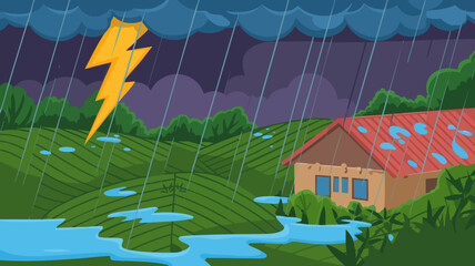 Colorful Vector SVG Illustration of Stormy Landscape with Lightning and Rain in Modern Flat Design