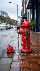 Red hydrant sprays water on NYC street, taxis and skyscrapers behind.
