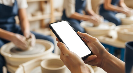 Learn pottery online convenient classes mobile phone screen mockup workshop tutorial artisan craft clay hands ceramic art studio learning education technology digital device blank screen