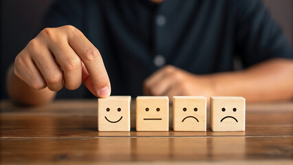 “Hand Choosing Smiling Face Among Emotional Icons – Concept of Feedback, User Experience, and Mood Selection”