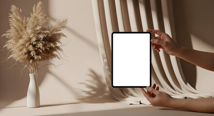 Blank screen tablet mockup beige aesthetic minimal design neutral tones elegant workspace technology presentation product display modern device hand holding app showcase