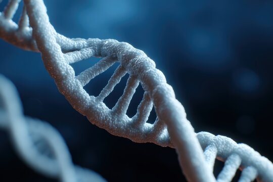 72. DNA double helix model glowing against a futuristic blue background - Powered by Adobe