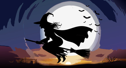 Dark Fantasy Vector SVG Illustration of Witch Flying on Broomstick with Bat Silhouettes in Modern Flat Style with Night Sky Colors