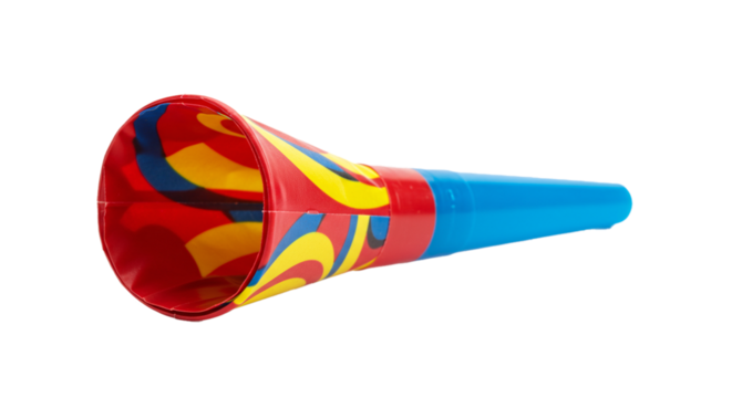 A colorful party horn with red yellow and blue swirls on a black background in a horizontal orientation on transparent background